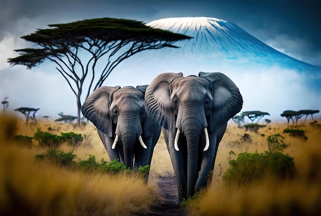Слоны в африканской саванне с генеративным искусственным интеллектом на горе Килиманджаро