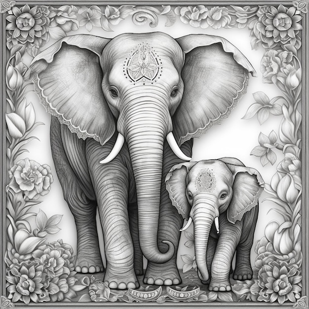 elephants are standing in a floral frame with a white background generative ai