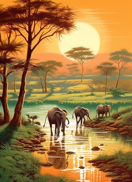 Elephants are walking in the water at sunset near a tree generative ai