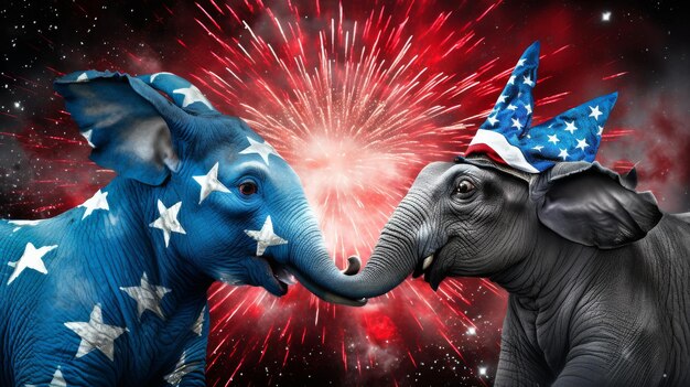 Photo elephants facing each other with fireworks in background