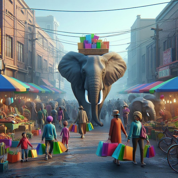 Photo elephants shopping at a bustling market elephants carrying shopping bags in their trunks