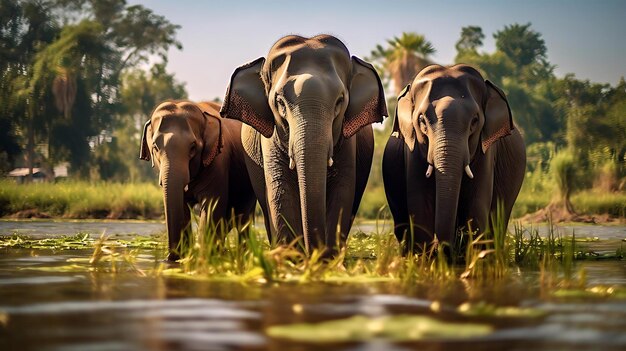 Elephants in a swamp with palm trees in the background