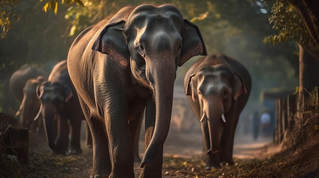 Elephants walking in the jungle in thailand