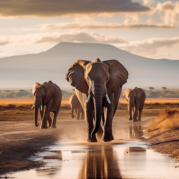 Elephants walking in a puddle with a mountain in the background.