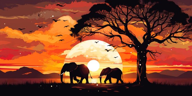 Elephants walking in the sunset with a tree and birds flying in the sky generative ai