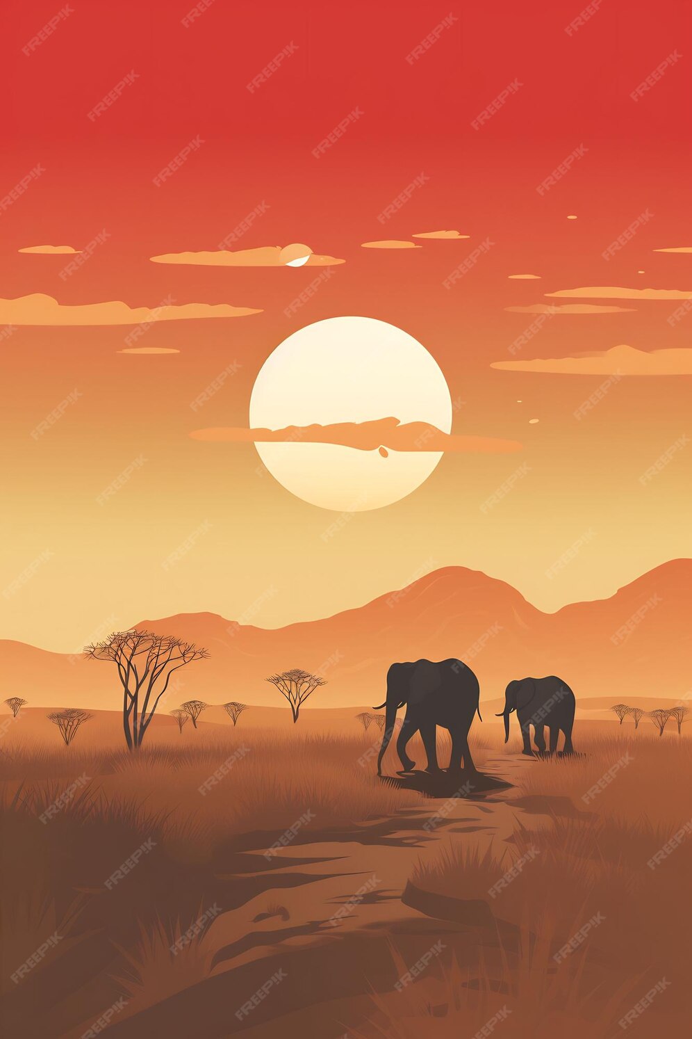 Premium AI Image | elephants in the wild with mountains and a sunset