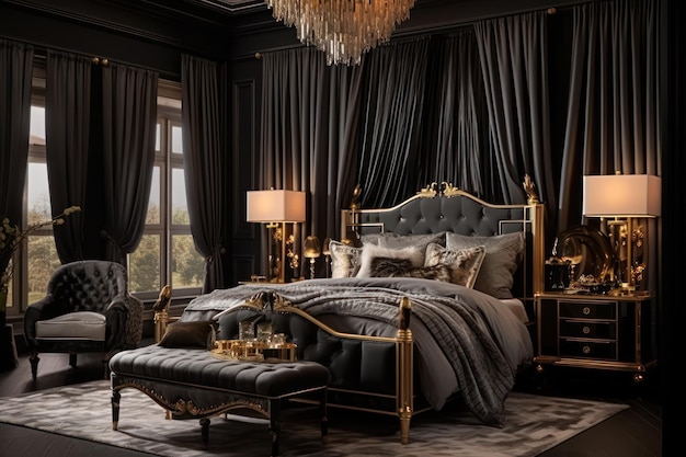 Elevate luxury with a fourposter bed sumptuous velvet bedding and opulent gold accents in this regal bedroom ar 32 v 52 Job ID 29bd18119a634c049b6e98583178582d