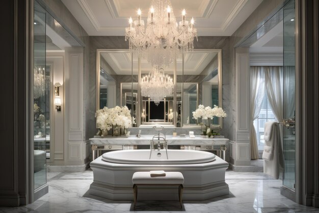 Elevate opulence with a crystal chandelier marble tiles and a sunken bathtub in a luxurious master bathroom ar 32 v 52 Job ID 1445357e9c4d427c9db49c7d39dc26cf