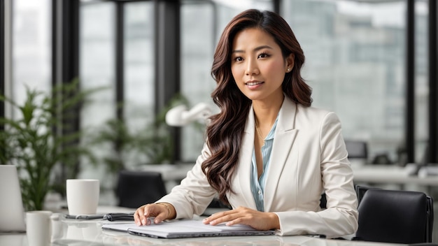 Поднимите свой бренд с потрясающим имиджем азиатской бизнесменки за белым столом.