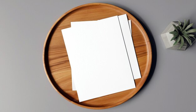 Elevate Your Designs Image Flyer Mockup on Wooden Plate in Flat Lay Style Showcase Your Creativity