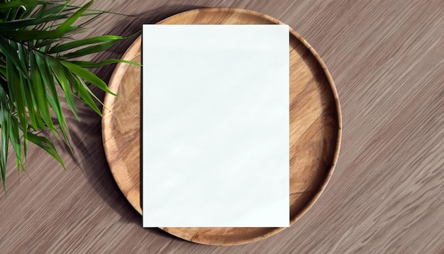 Elevate Your Designs Image Flyer Mockup on Wooden Plate in Flat Lay Style Showcase Your Creativity