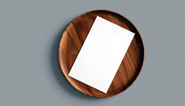 Elevate Your Designs Image Flyer Mockup on Wooden Plate in Flat Lay Style Showcase Your Creativity