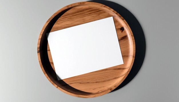 Foto eleva il mockup del volantino con immagini dei tuoi progetti su un piatto di legno in stile flat lay mostra la tua creatività