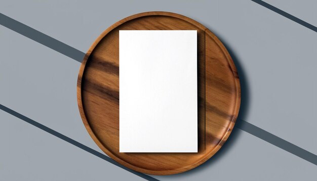 Elevate your designs image flyer mockup on wooden plate in flat lay style showcase your creativity