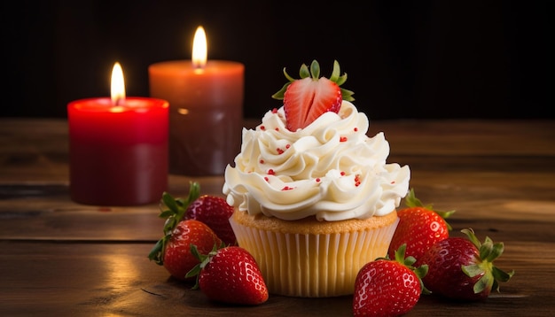 Photo elevate your dessert game with a strawberry cheesecake muffin topped with a whipped cream candle the creamy cheesecake filling and sweet strawberries create a heavenly treat