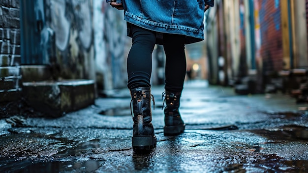 Elevate your offduty style with this denim shirt dress black leggings and chunky boots combo the