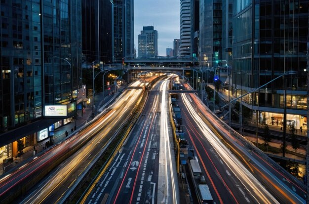 Photo elevated highways in a brightly lit cityscape