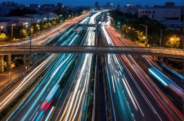 Photo elevated highways in a brightly lit cityscape