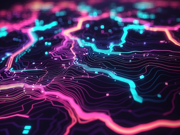 Elevated perspectives topographic map background with glowing neon lines