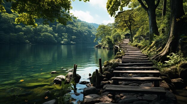 Photo elevated plank bridge in a green forest and lake