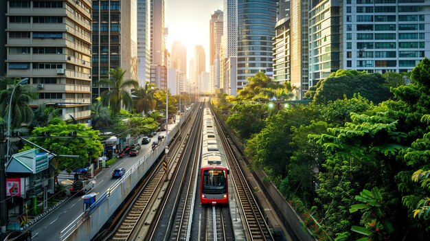 The elevated train is passing through the city It is a modern and efficient way of transportation