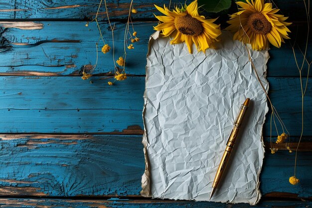 Elevated view of blank paper with yellow sunflowers and pen on wooden backdrop