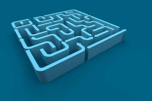 An elevated view of blue arrows maze. 3d rendering