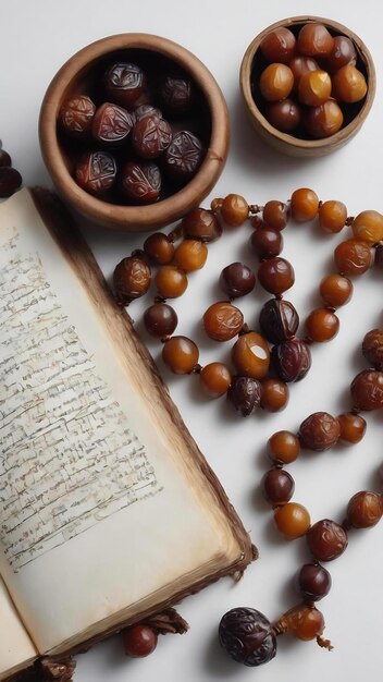 An elevated view of closed diary with prayer beads and fresh dates on white backdrop