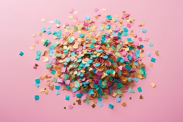 Foto vista elevata di confetti colorati su sfondo rosa