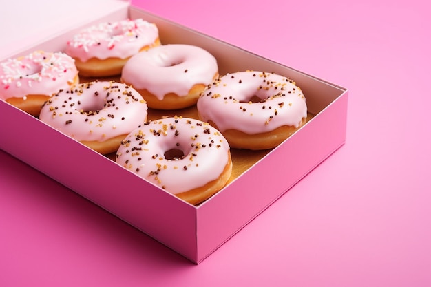 Photo an elevated view of donuts in the white wooden box on the corner of the pink background