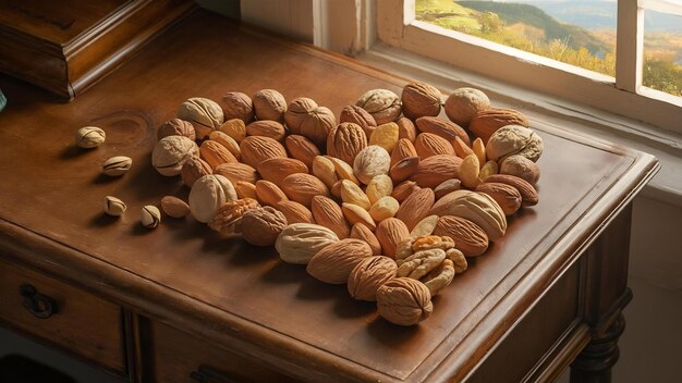 Elevated view of dryfruits in heart shape against wooden desk
