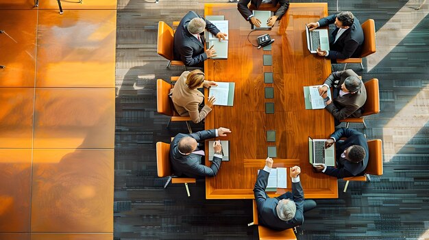 Elevated View of a Dynamic Boardroom Meeting with Collaborative Team Members Engaged in Discussion and DecisionMaking