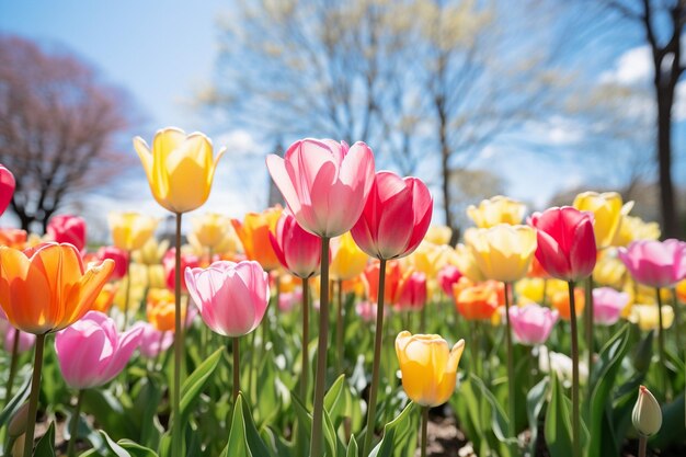 Photo elevated view of fresh beautiful tulip flowers