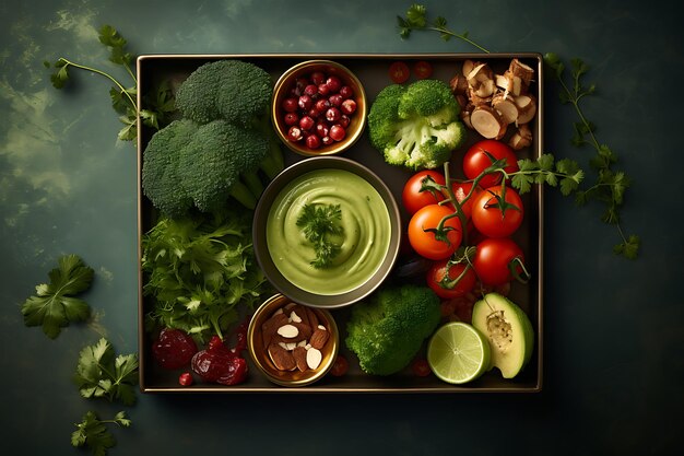 Elevated view of healthy food in tray