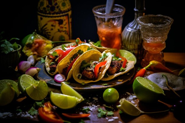 Photo elevated view of mexican corn tacos with vegetables and avocado on black slate