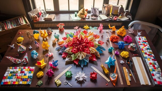 Elevated view of origami craft work and equipment