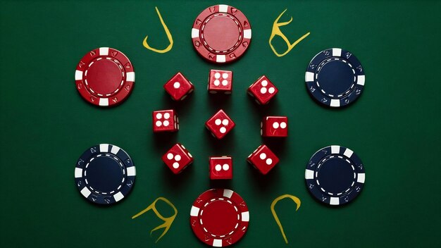 Высокий вид красных костей и фишек казино на зеленом покерном столе