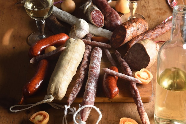 Elevated view of a typical spanish sausages and white wine on wooden table