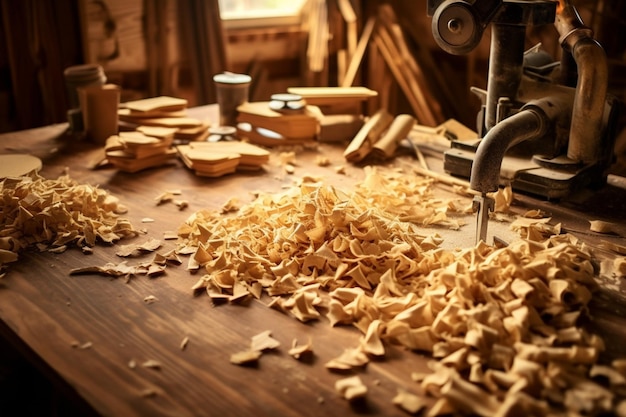 Foto vista elevata di schegge di legno su un tavolo nel laboratorio