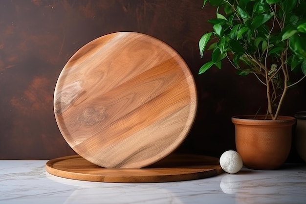 Elevating the Aesthetic Stylish Wooden Plate on a Marble Kitchen Countertop