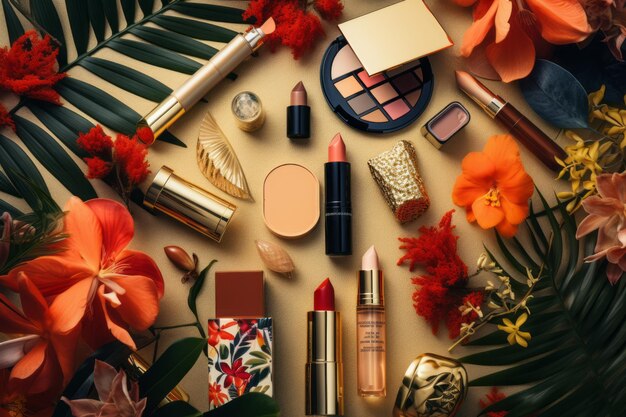 Elevating elegance a captivating flat lay of beauty and cosmetic products