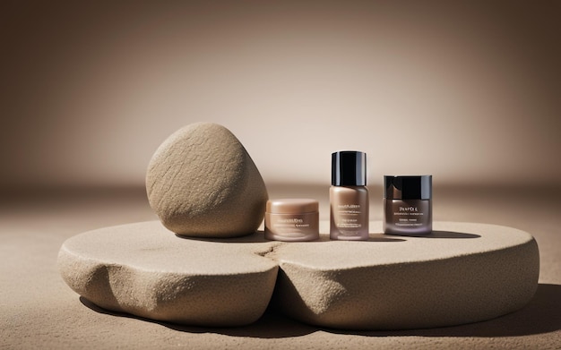 Elevating Elegance Pedestal Stone Display on Natural Brown Background for Cosmetic Beauty Product