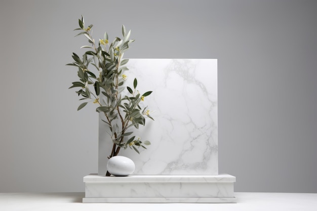 Elevating Product Presentation Aesthetic White Marble Podium Adorned with Olive Tree Leaves AR 3