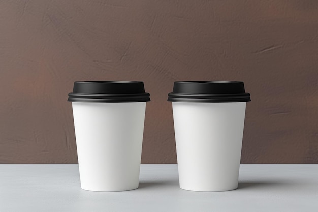 Elevation Dynamic Mockup van witte papieren kopjes met zwart deksel en Airborne Kraft Cup Holder