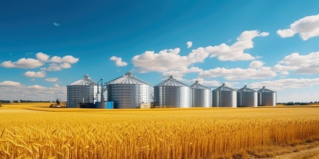 Elevator large aluminum silos for storing cereals against the blue sky and voluminous clouds a field of golden ripe wheat harvest season