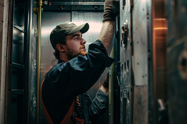 An elevator repairman fixing an elevator showcasing elevator repair skills