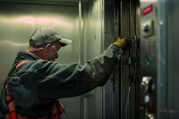 An elevator repairman fixing an elevator showcasing elevator repair skills