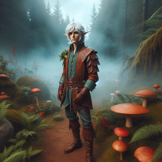 an elf in elf costume brown leather clothing with green details his white hair white eyebrows