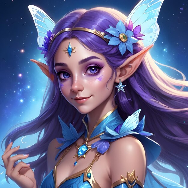 a elf in a fairy outfit with butterflies in the background