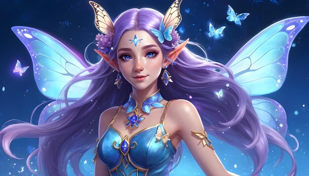 a elf in a fairy outfit with butterflies in the background